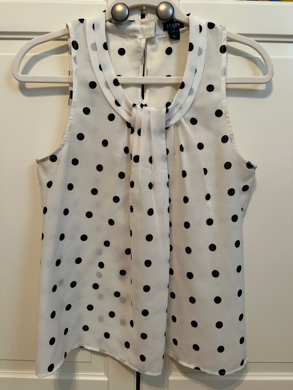 J. Crew White and Black Polka Dot Tie-Neck Sleeveless Top